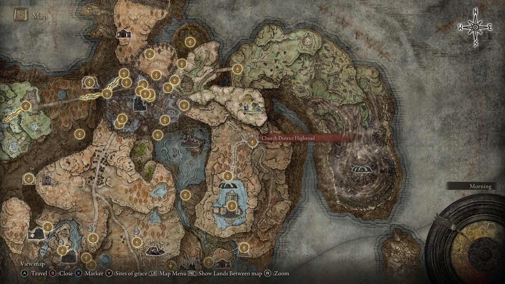 Location of the Church District Highroad Site of Grace in Elden Ring Shadow of the Erdtree (Image via FromSoftware)